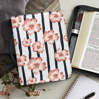Pink Hibiscus Striped Pattern Print Leather Bible Cover