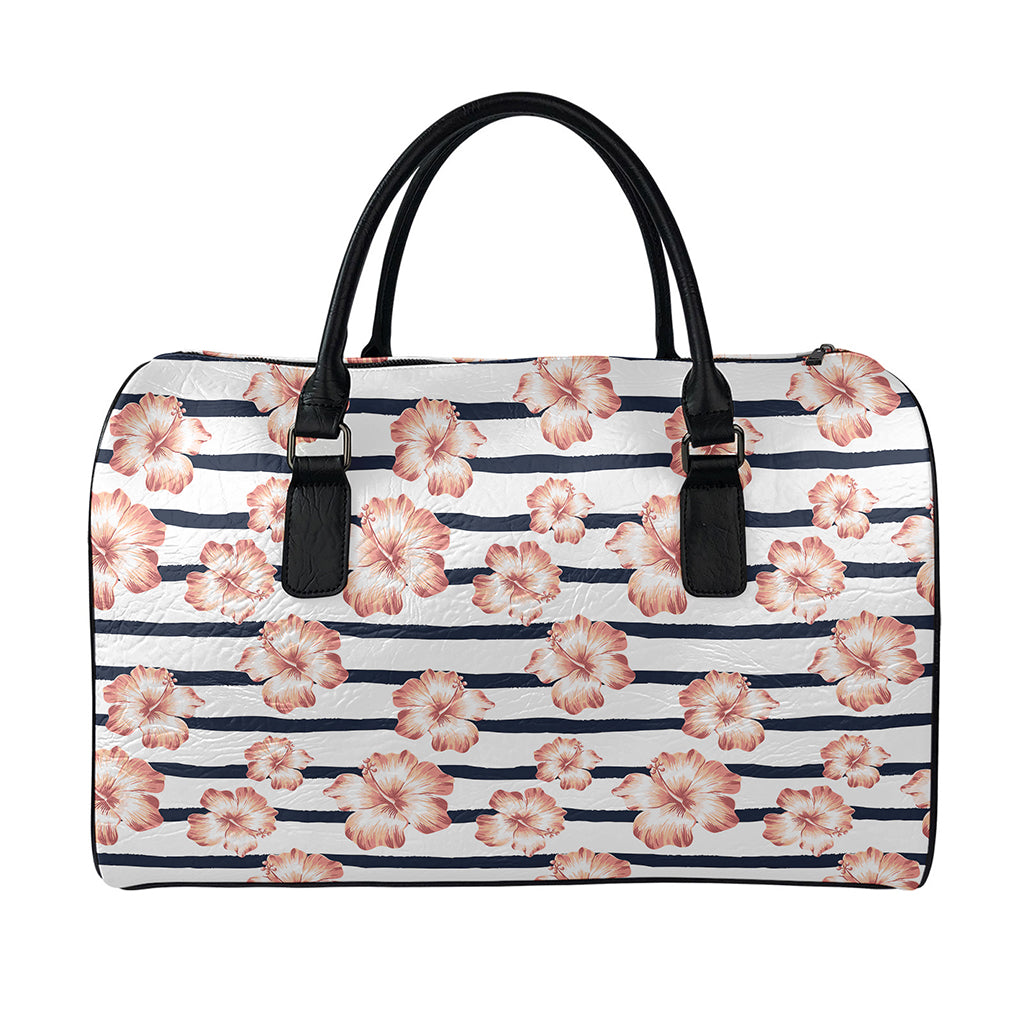Pink Hibiscus Striped Pattern Print Leather Duffle Bag