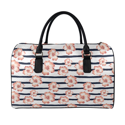 Pink Hibiscus Striped Pattern Print Leather Duffle Bag