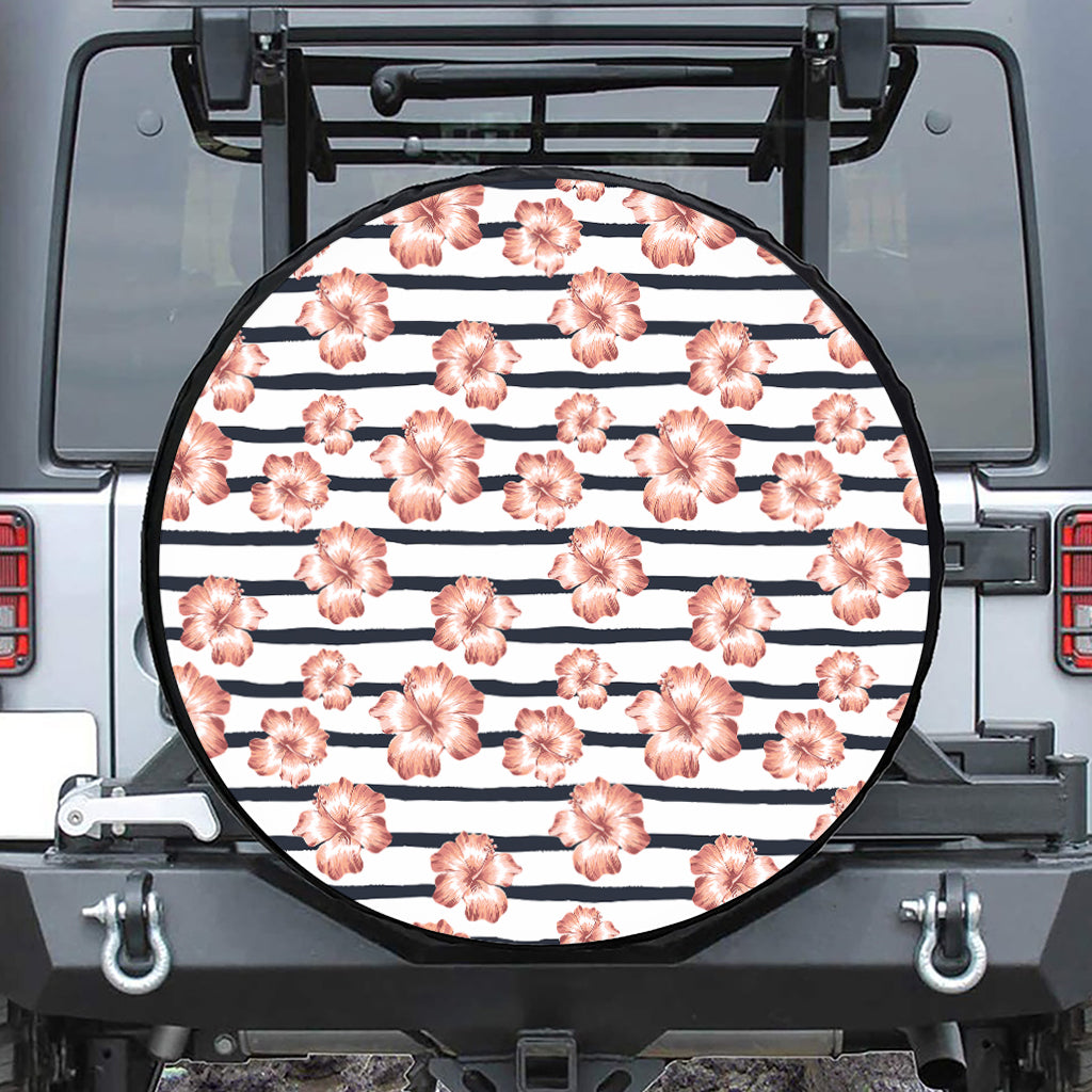 Pink Hibiscus Striped Pattern Print Leather Spare Tire Cover