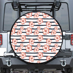 Pink Hibiscus Striped Pattern Print Leather Spare Tire Cover