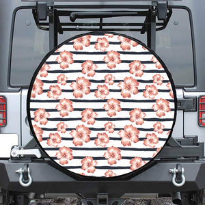 Pink Hibiscus Striped Pattern Print Leather Spare Tire Cover