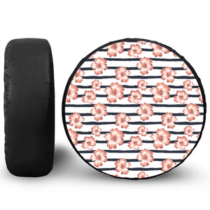 Pink Hibiscus Striped Pattern Print Leather Spare Tire Cover