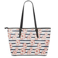 Pink Hibiscus Striped Pattern Print Leather Tote Bag With Zipper