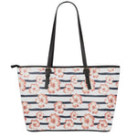 Pink Hibiscus Striped Pattern Print Leather Tote Bag