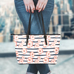 Pink Hibiscus Striped Pattern Print Leather Tote Bag