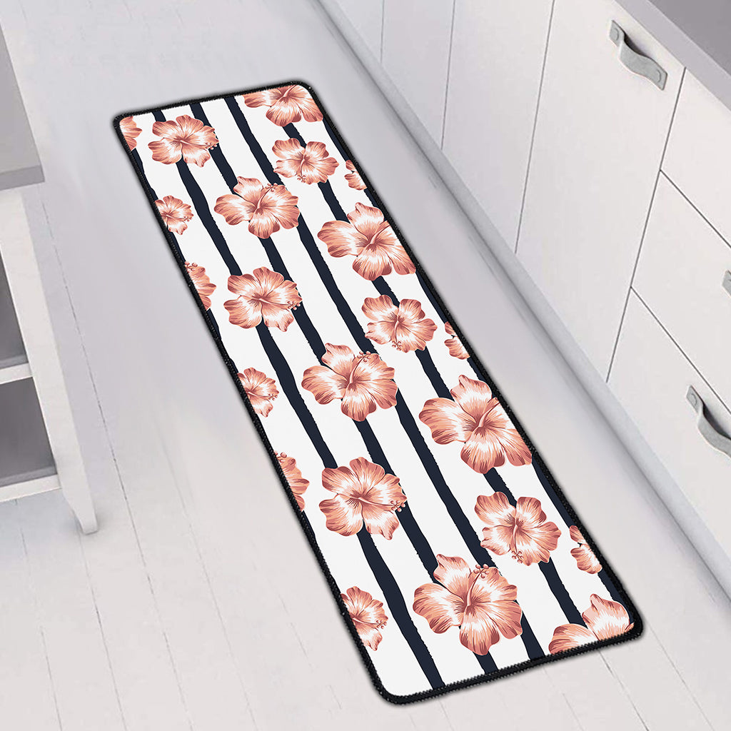 Pink Hibiscus Striped Pattern Print Long Kitchen Mat