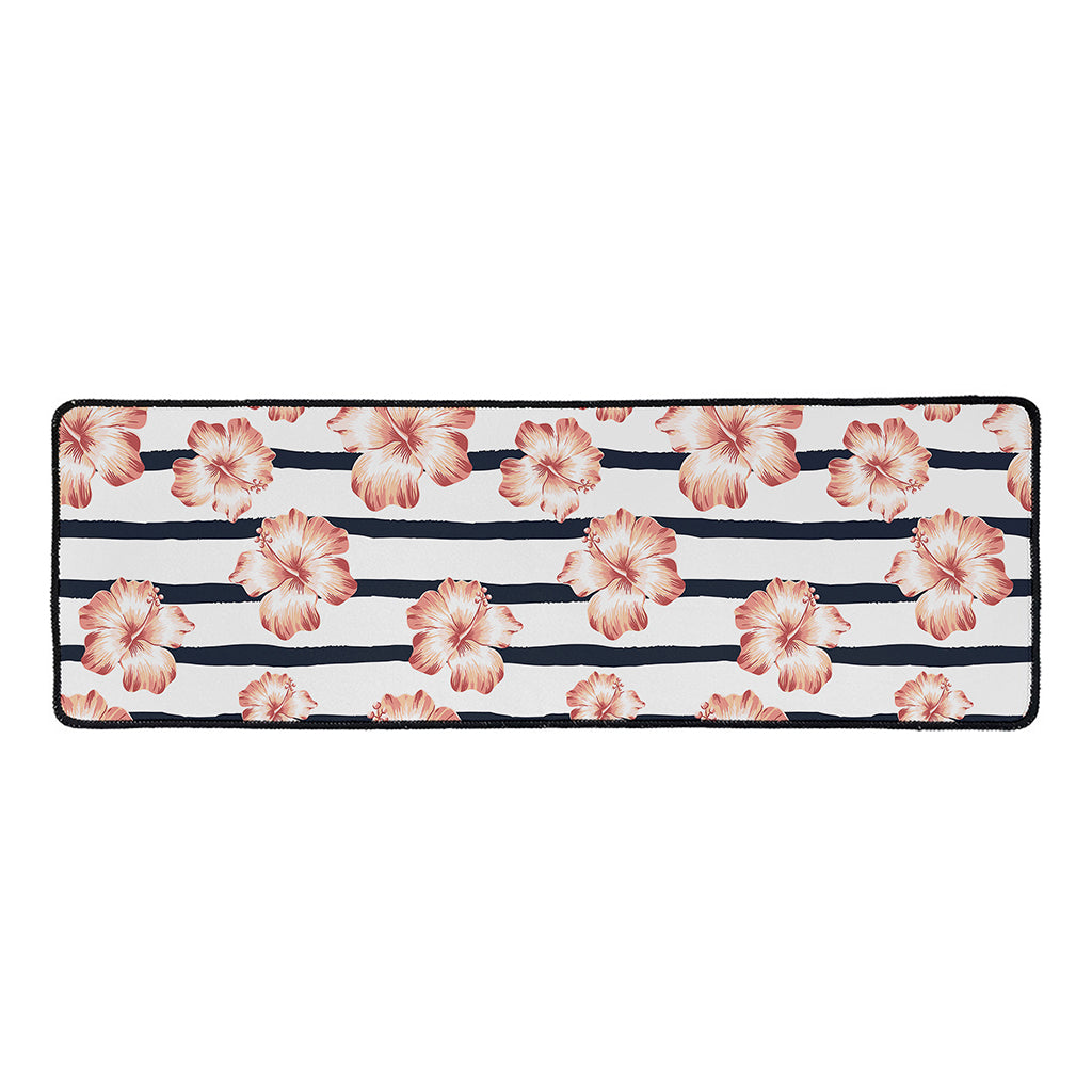 Pink Hibiscus Striped Pattern Print Long Kitchen Mat