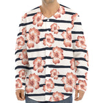 Pink Hibiscus Striped Pattern Print Long Sleeve Baseball Jersey