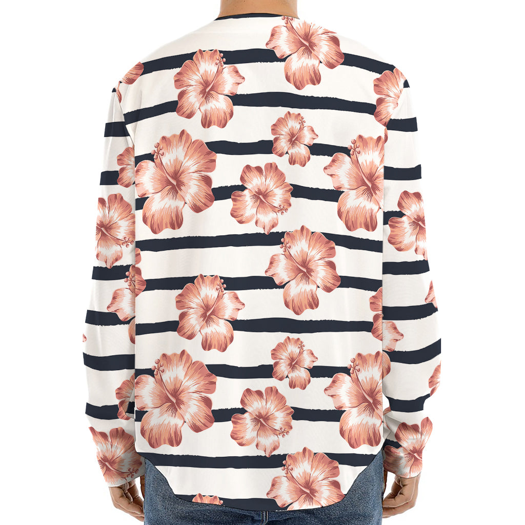 Pink Hibiscus Striped Pattern Print Long Sleeve Baseball Jersey