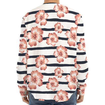 Pink Hibiscus Striped Pattern Print Long Sleeve Baseball Jersey