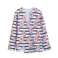 Pink Hibiscus Striped Pattern Print Long Sleeve Short Coat
