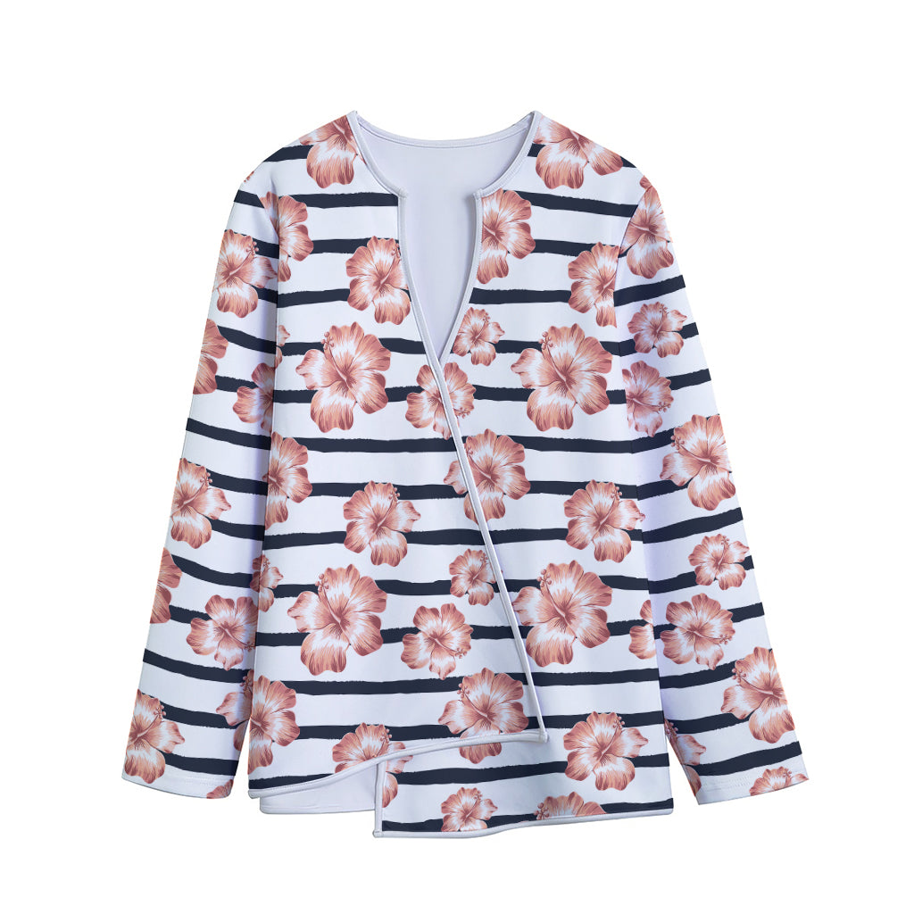 Pink Hibiscus Striped Pattern Print Long Sleeve Short Coat