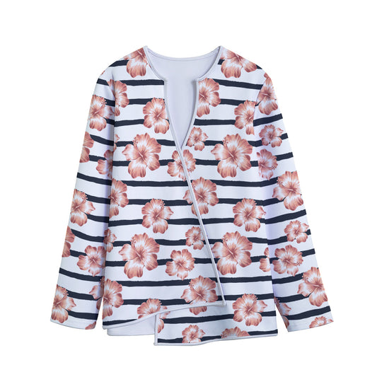 Pink Hibiscus Striped Pattern Print Long Sleeve Short Coat