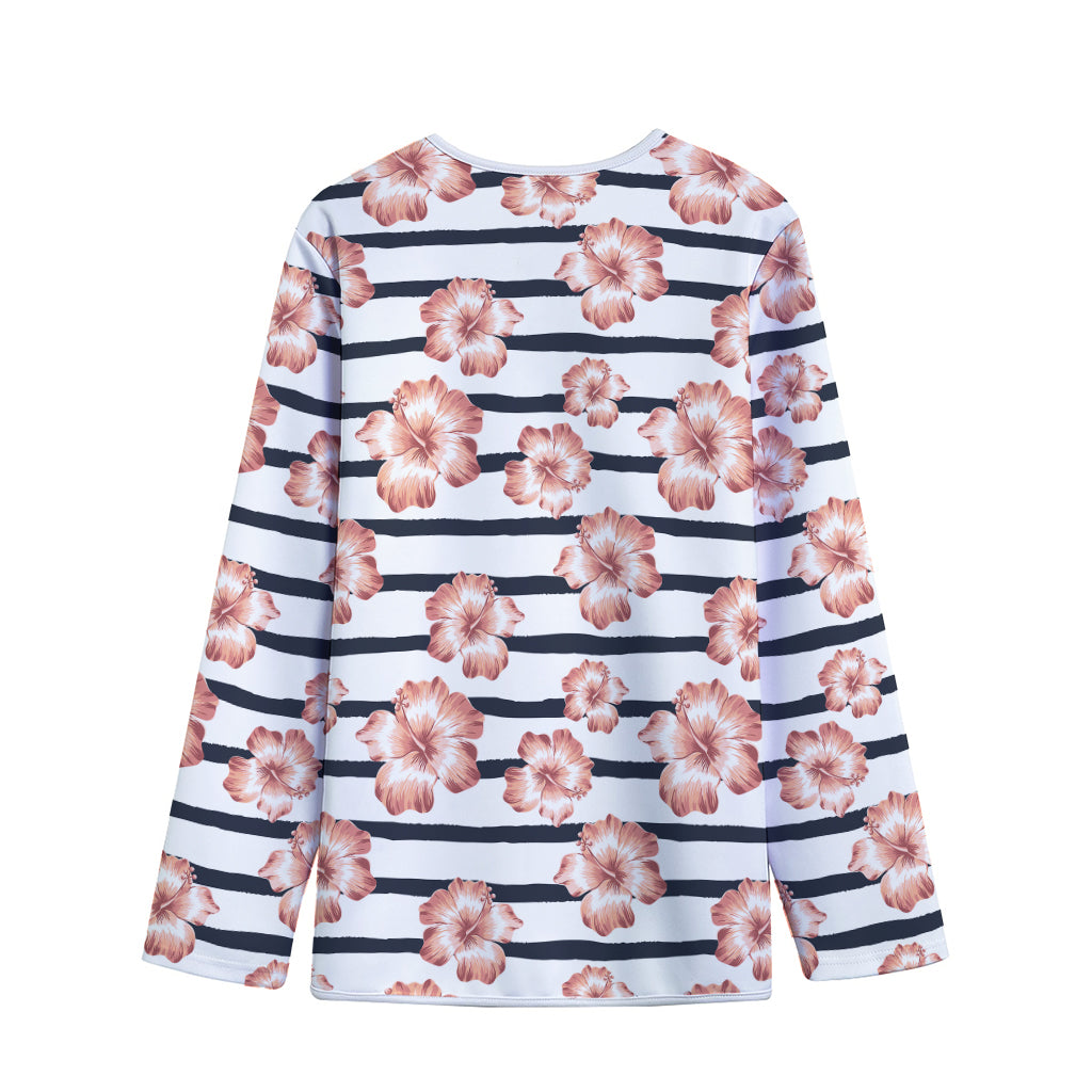 Pink Hibiscus Striped Pattern Print Long Sleeve Short Coat