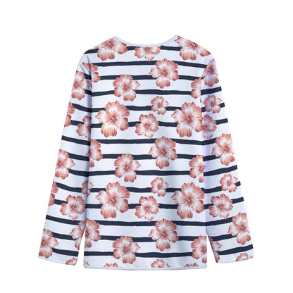 Pink Hibiscus Striped Pattern Print Long Sleeve Short Coat