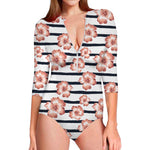 Pink Hibiscus Striped Pattern Print Long Sleeve Swimsuit