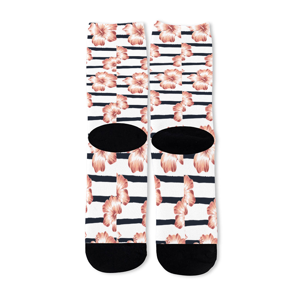 Pink Hibiscus Striped Pattern Print Long Socks