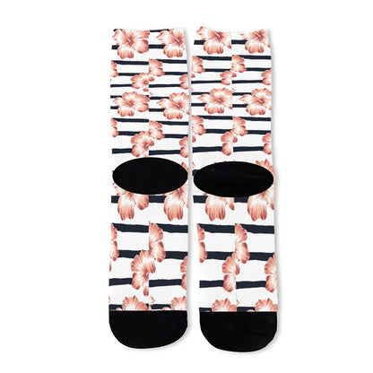 Pink Hibiscus Striped Pattern Print Long Socks