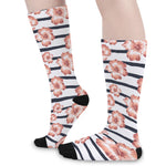 Pink Hibiscus Striped Pattern Print Long Socks