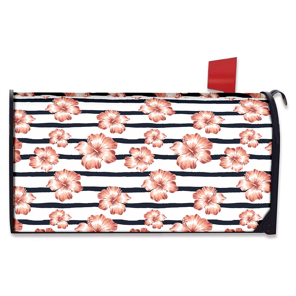 Pink Hibiscus Striped Pattern Print Mailbox Cover
