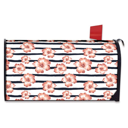 Pink Hibiscus Striped Pattern Print Mailbox Cover