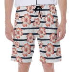 Pink Hibiscus Striped Pattern Print Men's Beach Shorts
