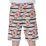 Pink Hibiscus Striped Pattern Print Men's Beach Shorts