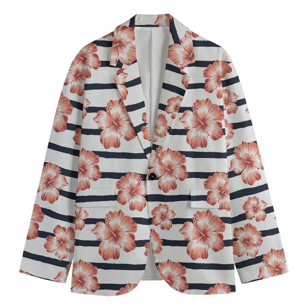 Pink Hibiscus Striped Pattern Print Men's Blazer