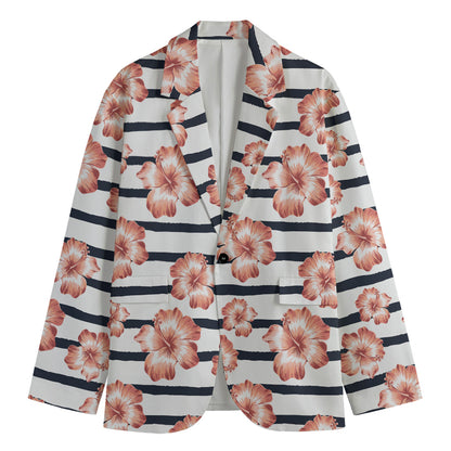 Pink Hibiscus Striped Pattern Print Men's Blazer