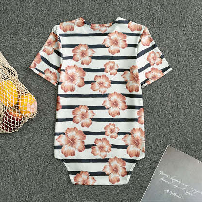 Pink Hibiscus Striped Pattern Print Men's Bodysuit