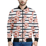 Pink Hibiscus Striped Pattern Print Men's Bomber Jacket