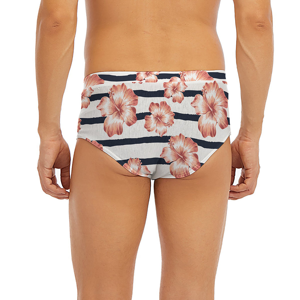 Pink Hibiscus Striped Pattern Print Men's Briefs