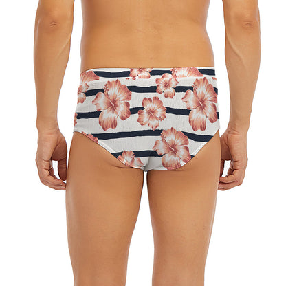 Pink Hibiscus Striped Pattern Print Men's Briefs