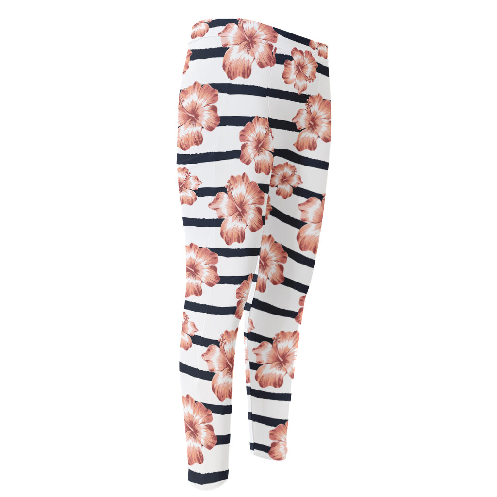 Pink Hibiscus Striped Pattern Print Men's Compression Pants