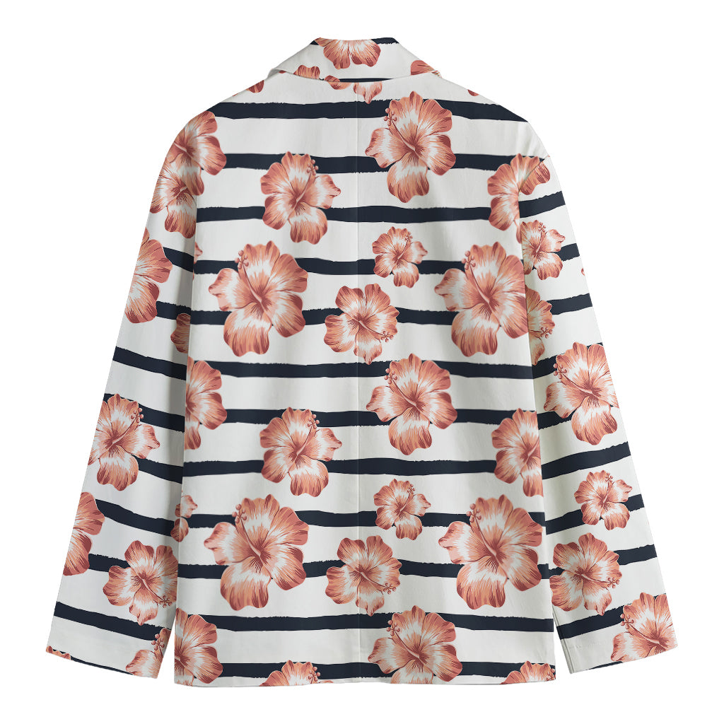 Pink Hibiscus Striped Pattern Print Men's Cotton Blazer