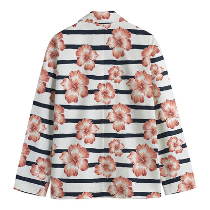 Pink Hibiscus Striped Pattern Print Men's Cotton Blazer