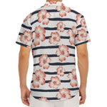 Pink Hibiscus Striped Pattern Print Men's Deep V-Neck Shirt