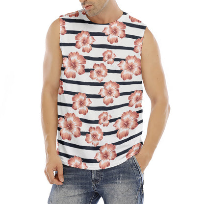 Pink Hibiscus Striped Pattern Print Men's Fitness Tank Top