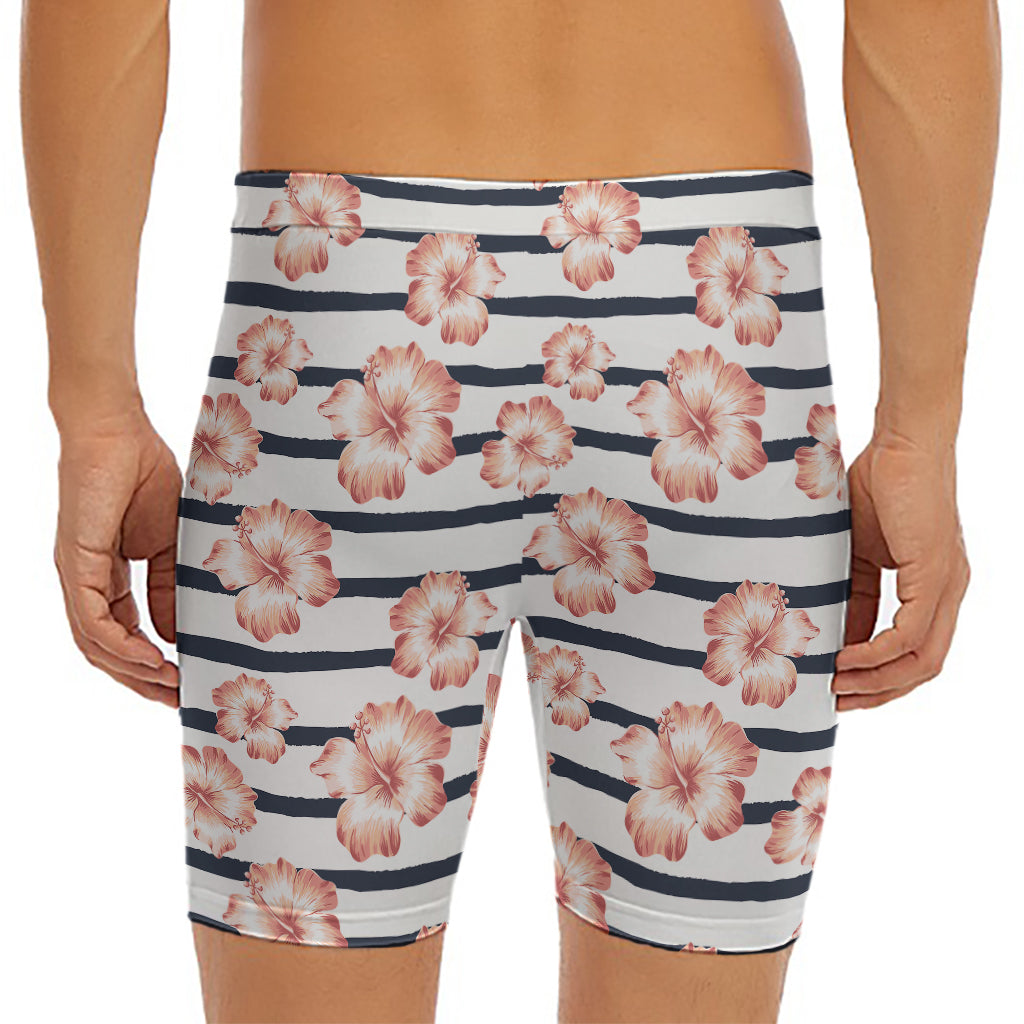 Pink Hibiscus Striped Pattern Print Men's Long Boxer Briefs