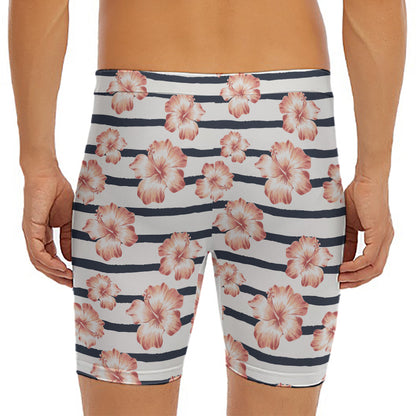 Pink Hibiscus Striped Pattern Print Men's Long Boxer Briefs