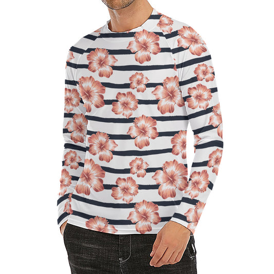 Pink Hibiscus Striped Pattern Print Men's Long Sleeve Rash Guard