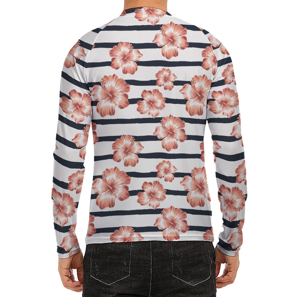 Pink Hibiscus Striped Pattern Print Men's Long Sleeve Rash Guard