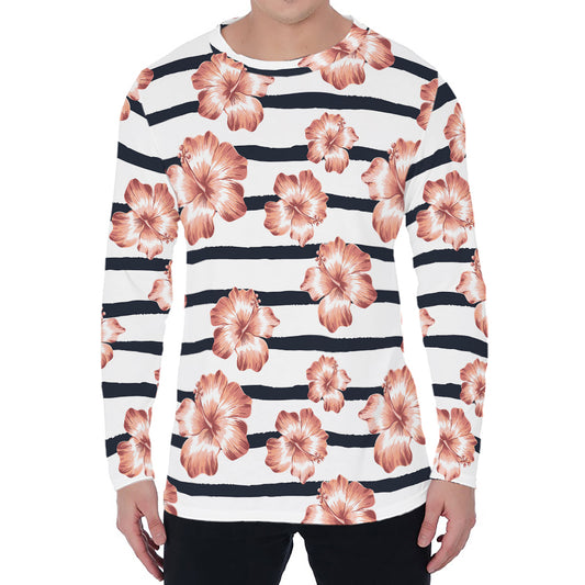 Pink Hibiscus Striped Pattern Print Men's Long Sleeve T-Shirt