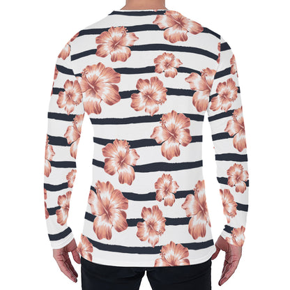 Pink Hibiscus Striped Pattern Print Men's Long Sleeve T-Shirt