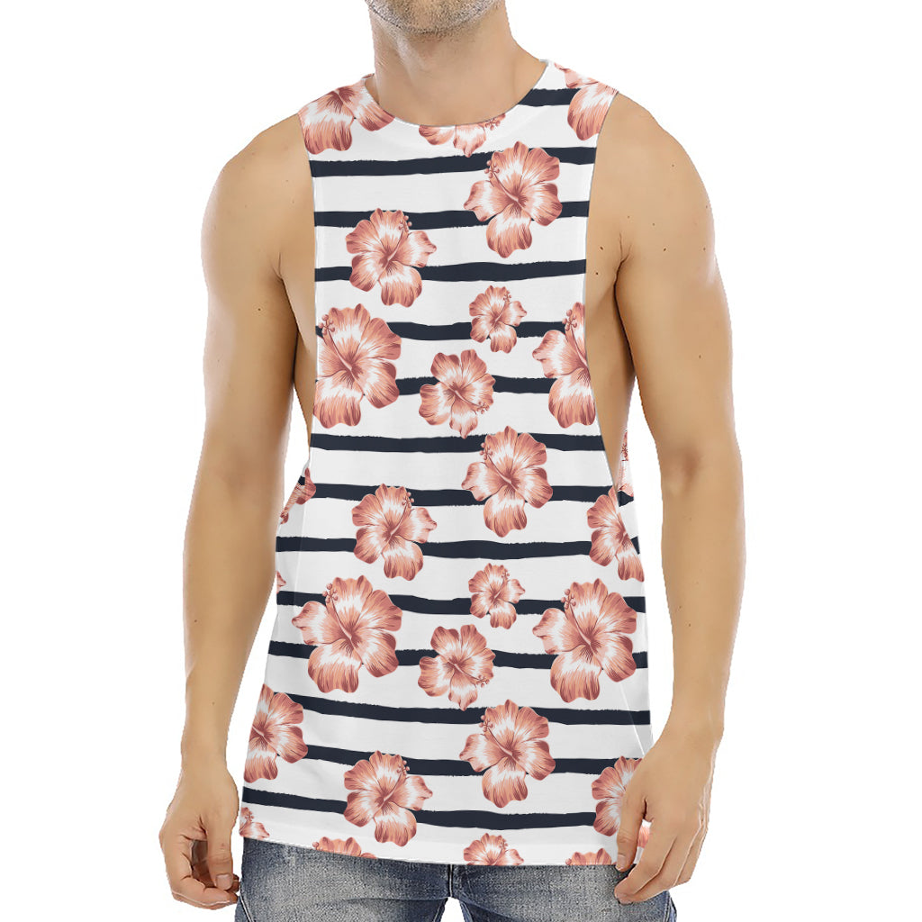 Pink Hibiscus Striped Pattern Print Men's Muscle Tank Top