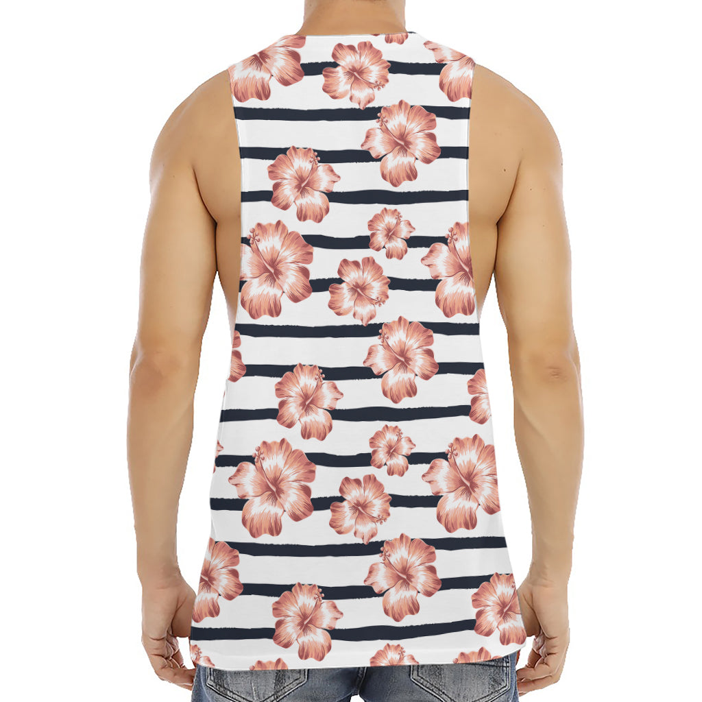 Pink Hibiscus Striped Pattern Print Men's Muscle Tank Top