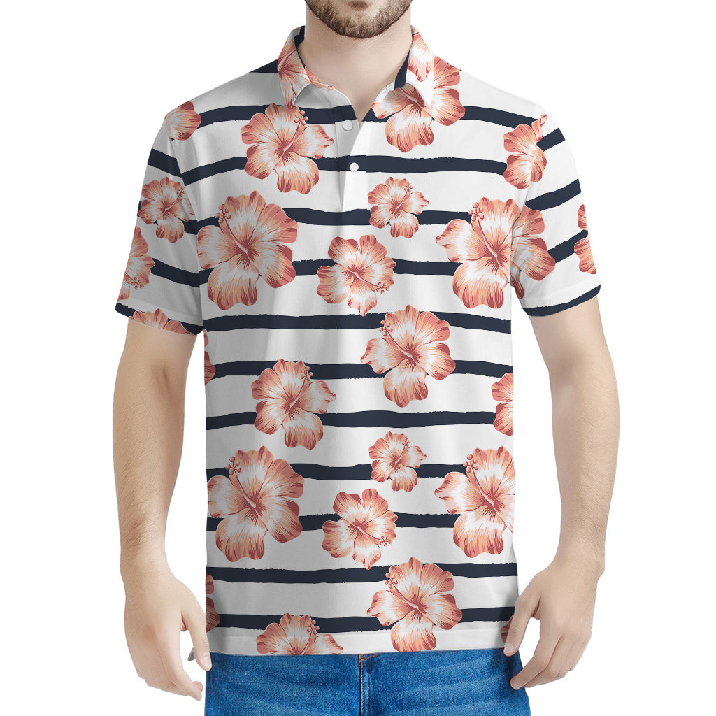 Pink Hibiscus Striped Pattern Print Men's Polo Shirt