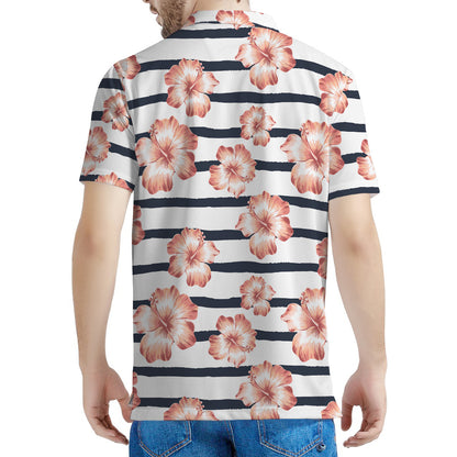 Pink Hibiscus Striped Pattern Print Men's Polo Shirt