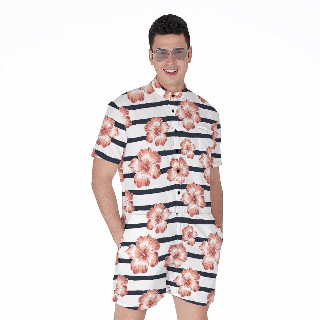 Pink Hibiscus Striped Pattern Print Men's Rompers